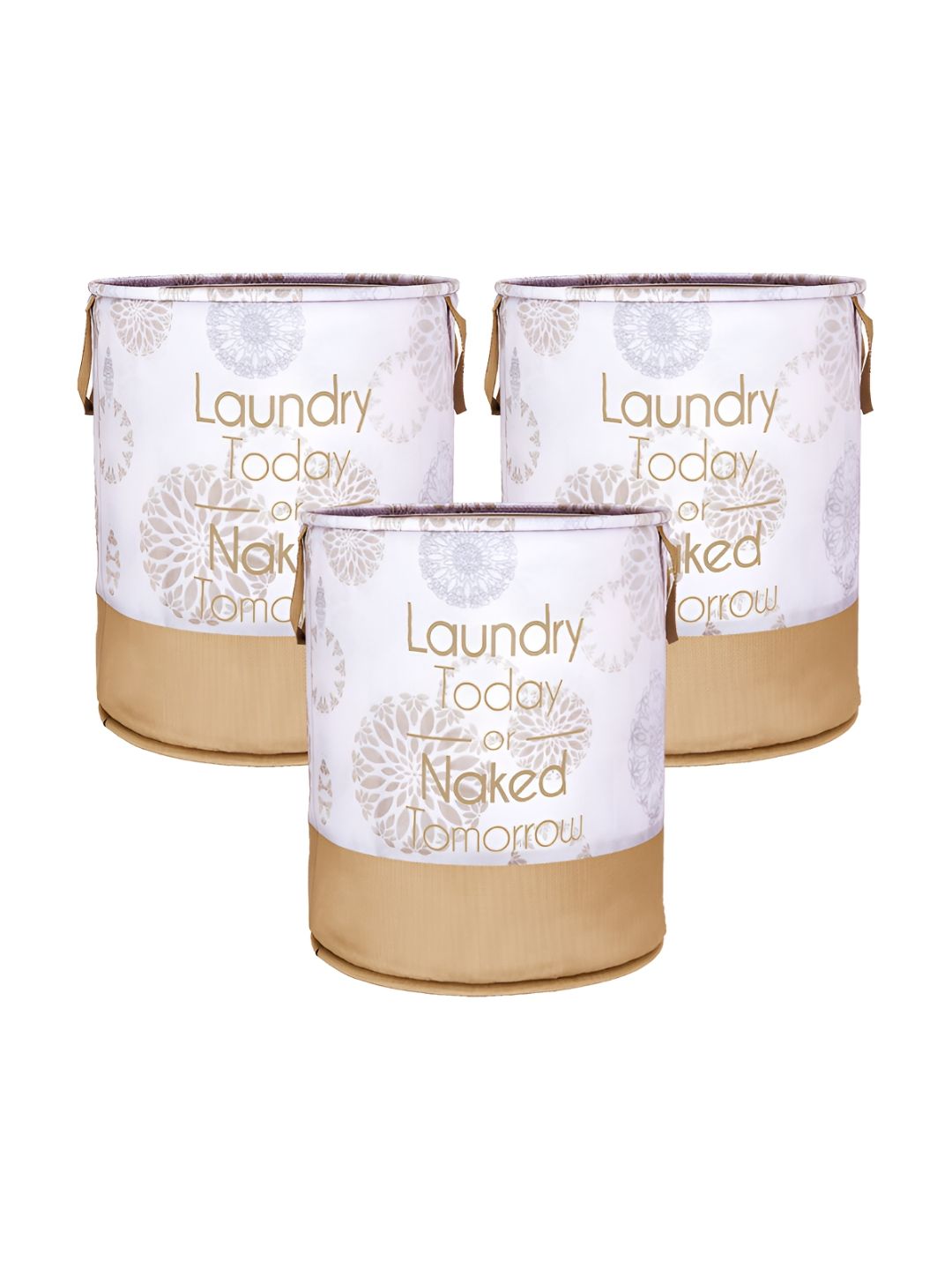 Kuber Industries Brown & White 3 Pieces Floral Printed Foldable Laundry Bags-image-5