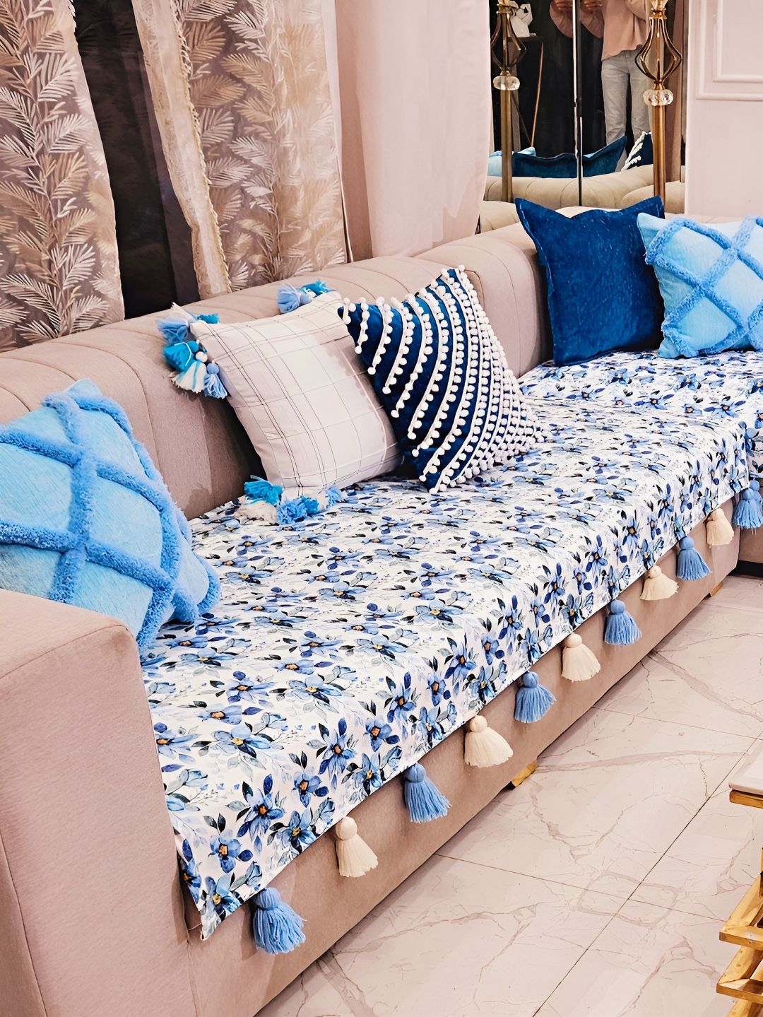 THROWPILLOW Blue & White Durable Tasseled Sofa Cover-picture-3