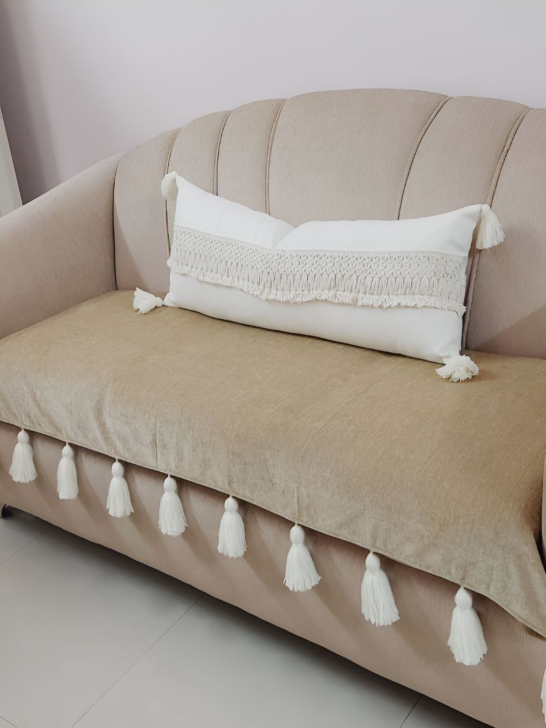THROWPILLOW Tan & White Durable Tasseled Sofa Cover-picture-21