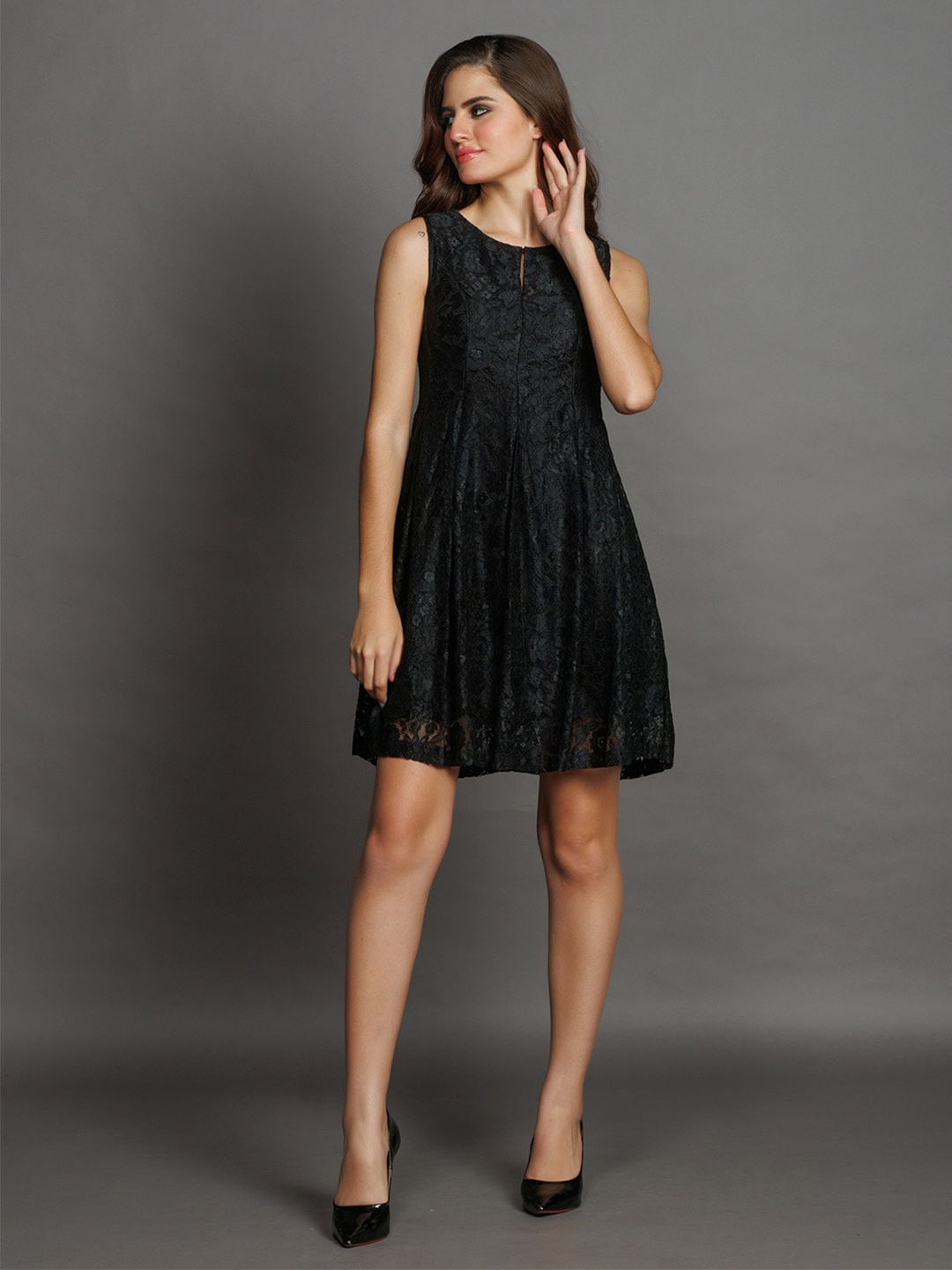 Zink London Self Design Keyhole Neck Above Knee A-Line Dress
