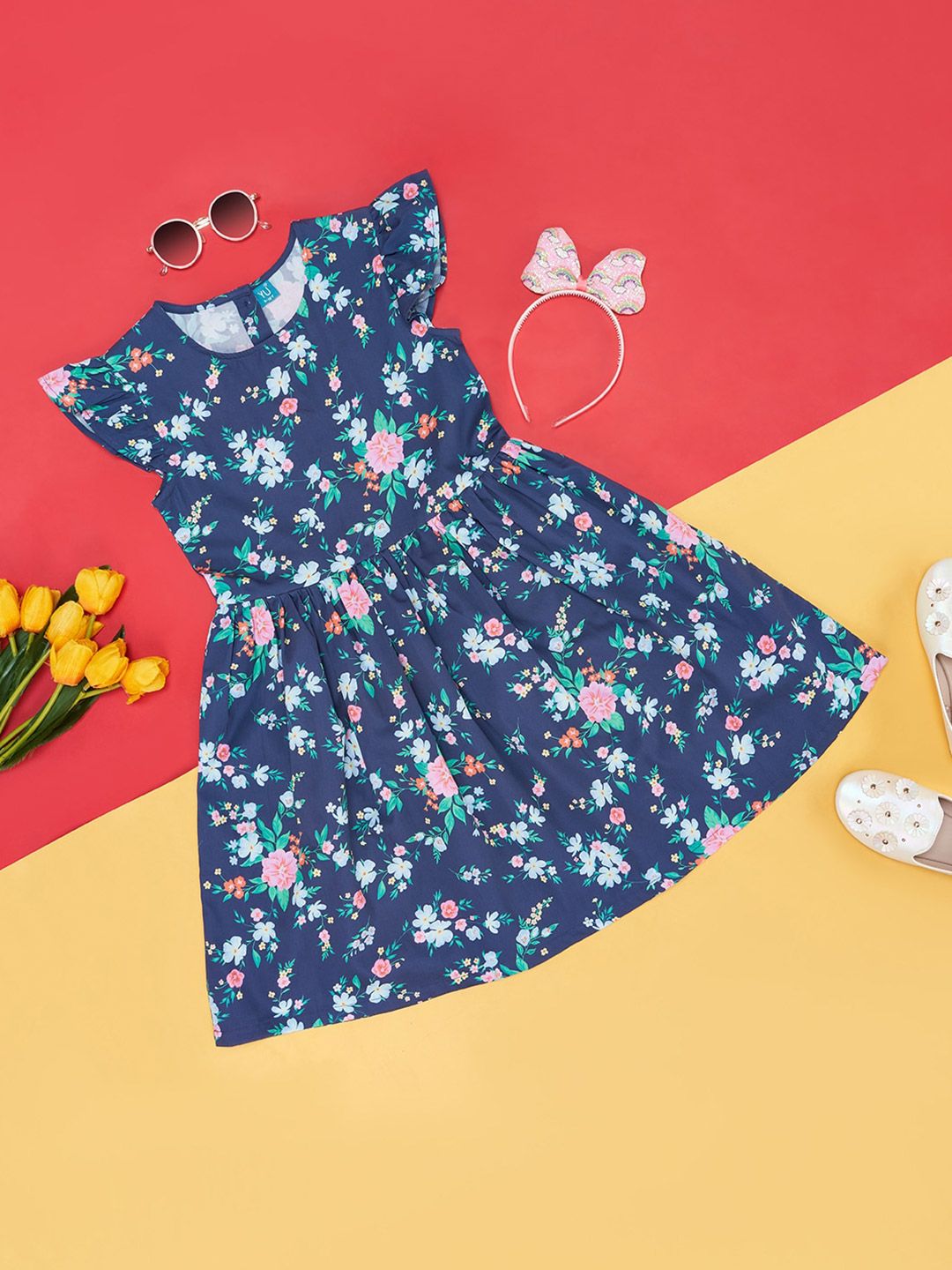 YU by Pantaloons Girls Floral Printed Round Neck Flutter Sleeves Fit and Flare Dress-picture-27