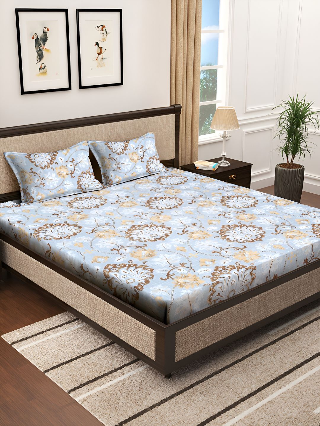 KLOTTHE Blue & Brown Floral Printed 300 TC Double King Bedsheet With 2 Pillow Covers-picture-25