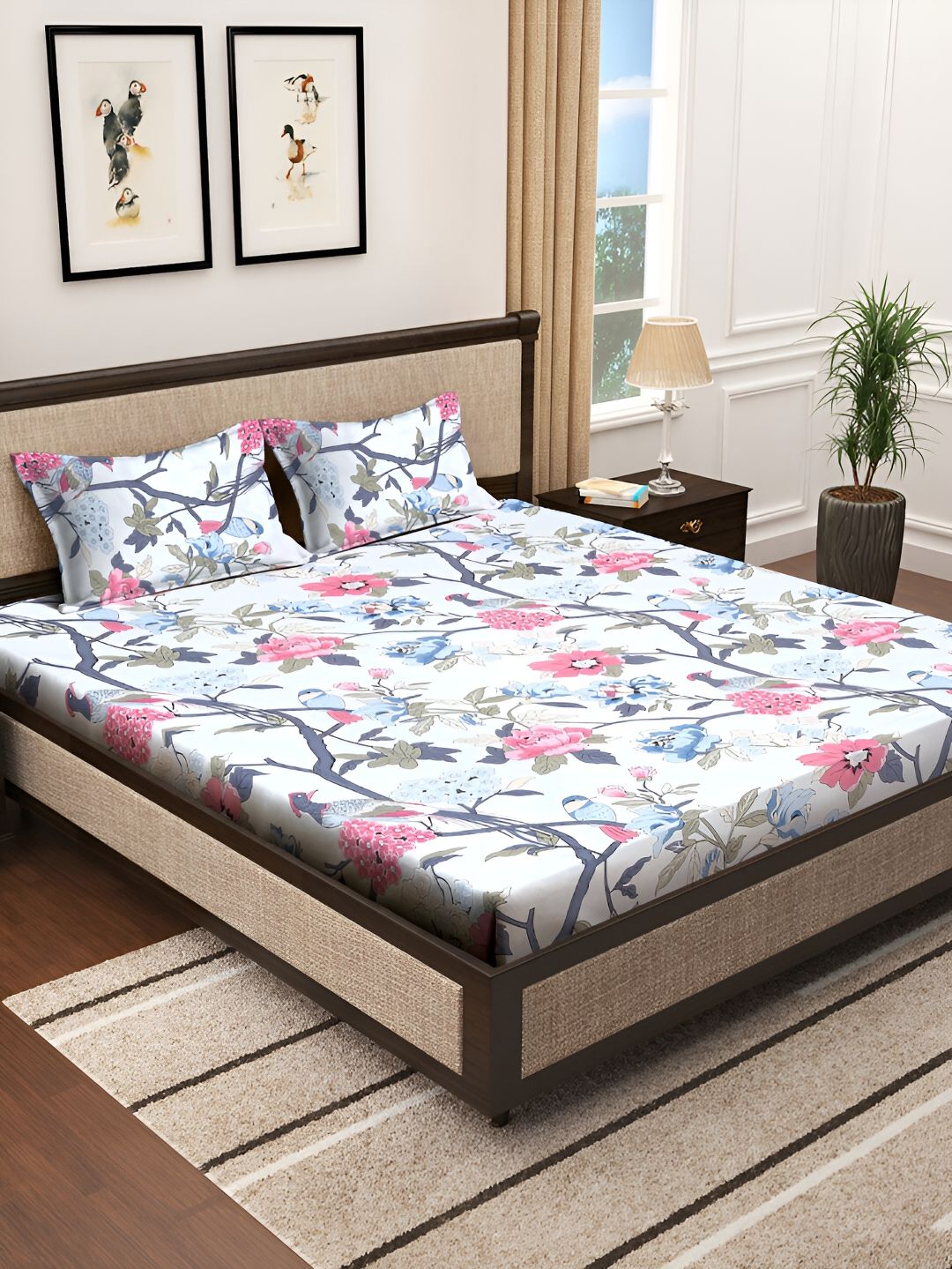 KLOTTHE White & Pink Floral Printed 300 TC Double King Bedsheet With 2 Pillow Covers-picture-14
