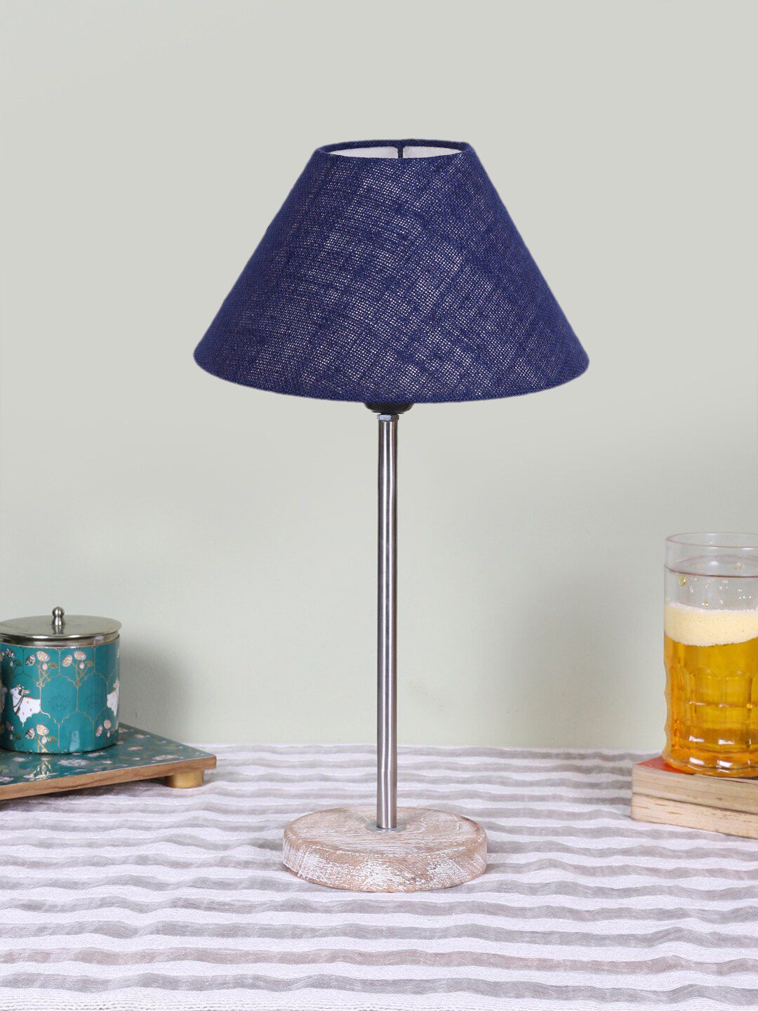 Devansh Blue Textured Wooden Contemporary Frustum Shaped Table Lamp-picture-42