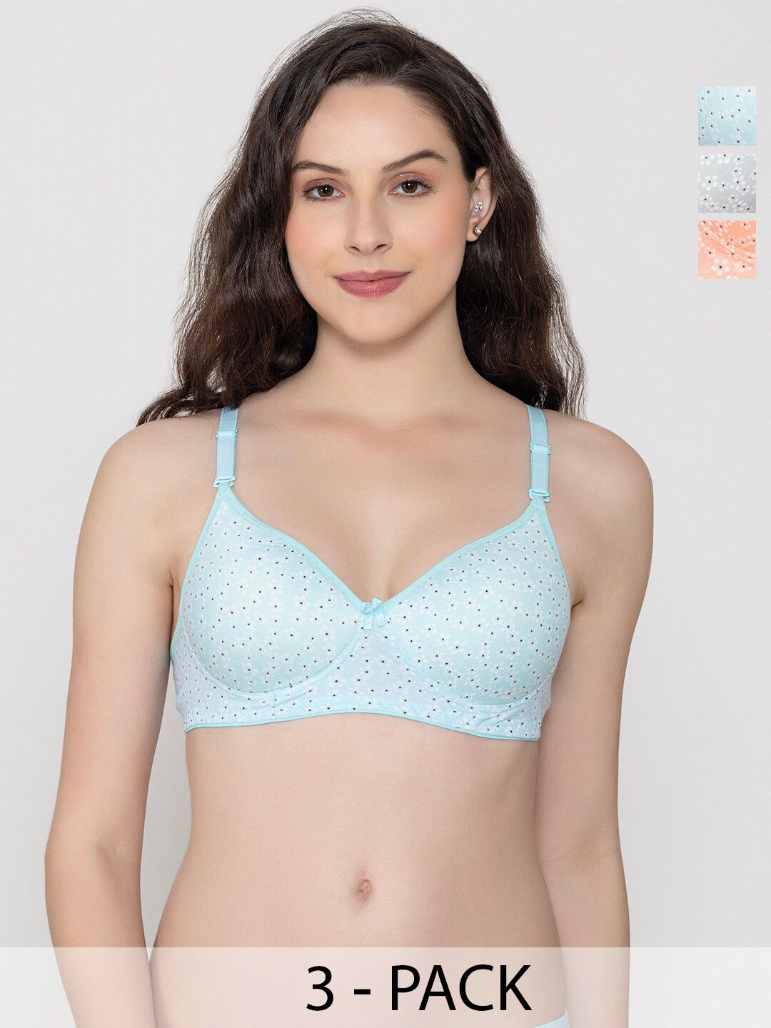 FUNAHME Pack of 3 Floral Printed Full Coverage T-shirt Bras With All Day Comfort