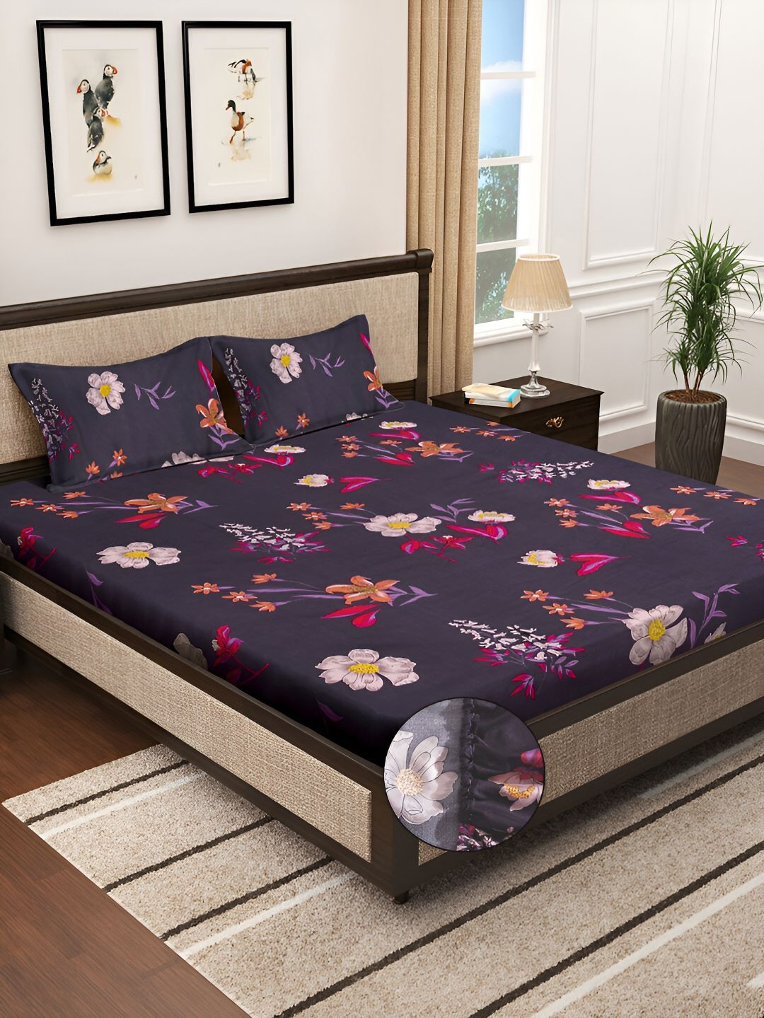 KLOTTHE Blue Floral Printed 300TC Fitted Double King Bedsheet With 2 Pillow Covers-image-11
