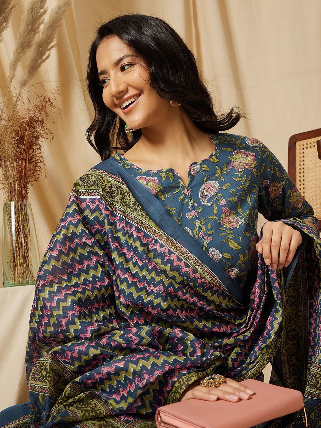 Ginni Arora Label Notch Neck Floral Printed Pure Cotton Kurta with Palazzo & Dupatta-picture-37