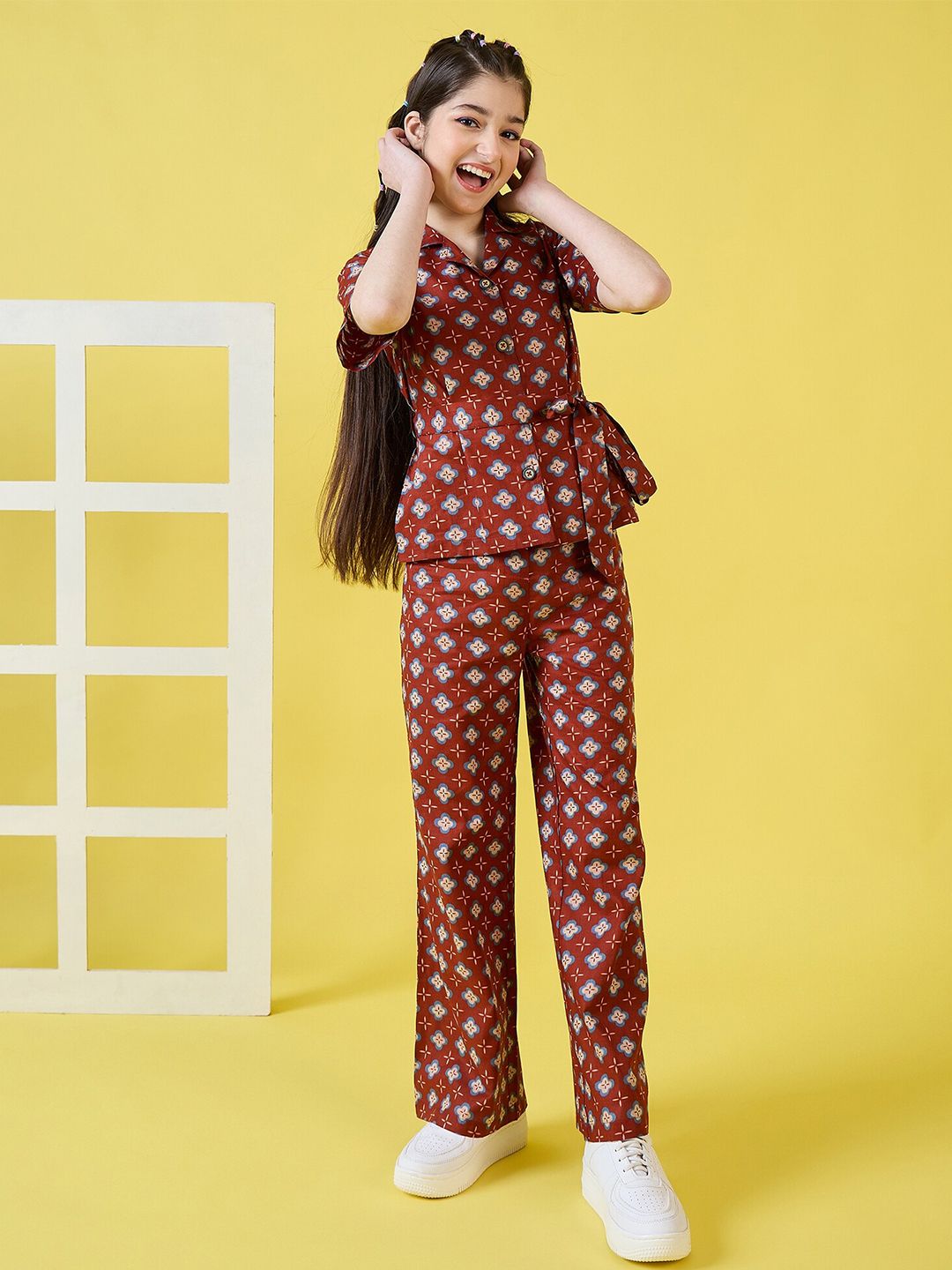 Stylo Bug Girls Floral Printed Shirt Collar Pure Cotton Shirt With Trousers-picture-26