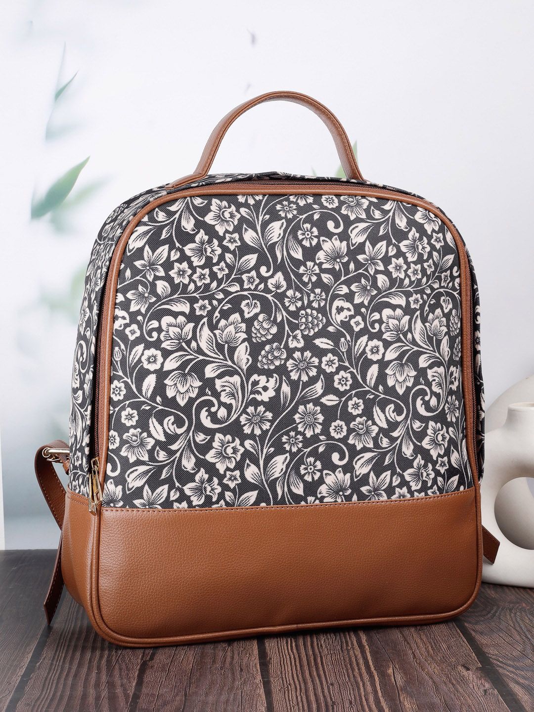 Anouk Tan Brown Floral Printed Ergonomic Backpack-image-43