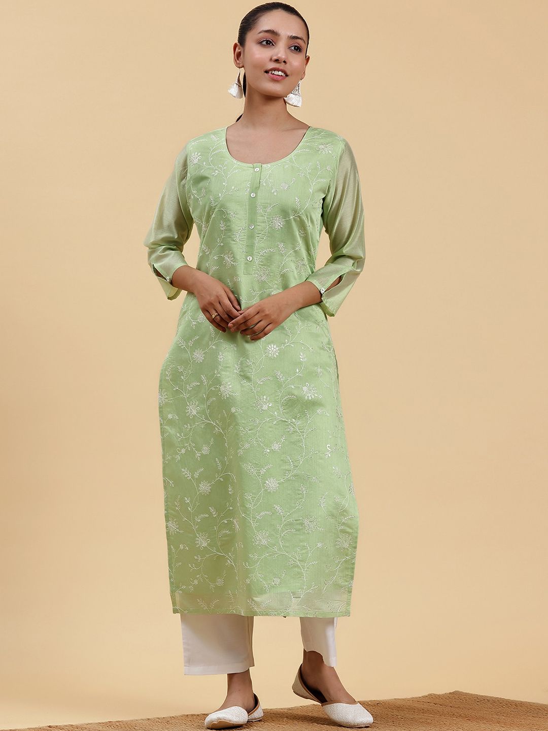 Libas Round Neck Thread Work Chanderi Silk Straight Kurta-picture-14