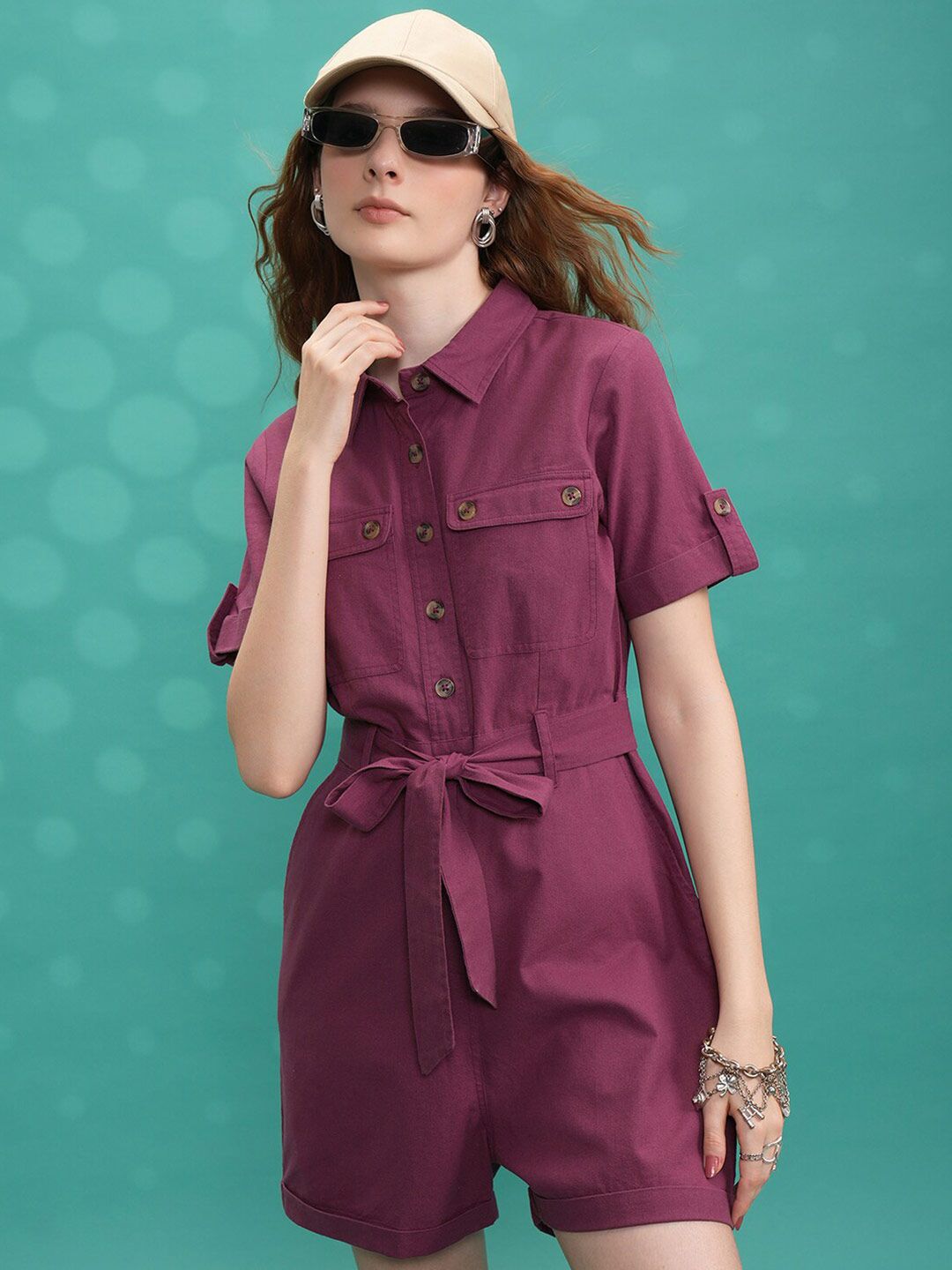 Tokyo Talkies Magenta Shirt Collar Cotton Playsuit-picture-54
