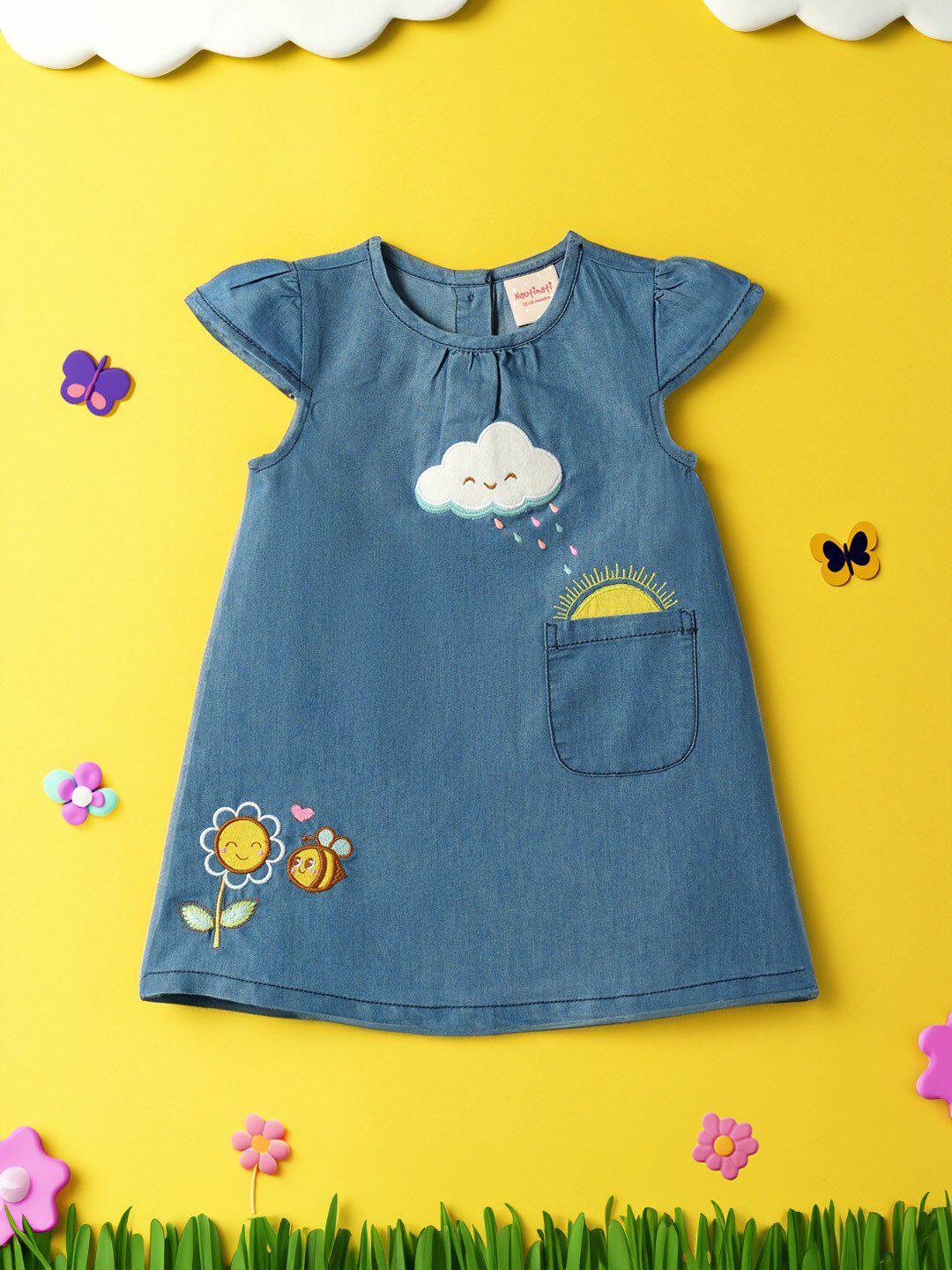 Nauti Nati Infants Applique Short Flutter Sleeves Round Neck Denim A-Line Dress-picture-19