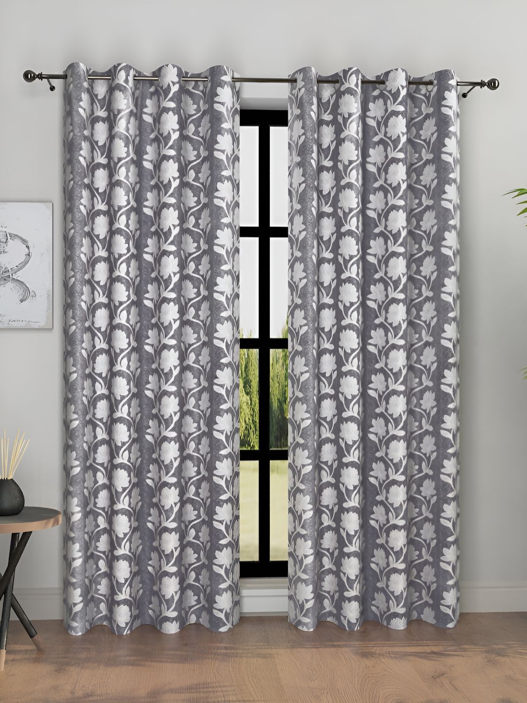 Aura Grey & White 2 Pieces Floral Room Darkening Long Door Curtains-image-11