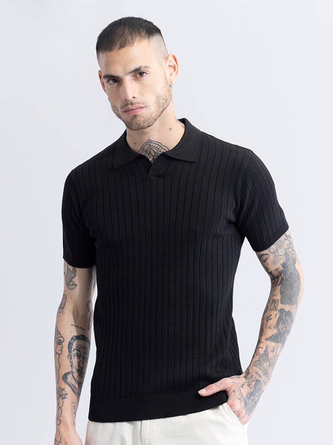 Snitch Polo Collar Short Sleeves Cotton Striped Slim Fit T-shirt