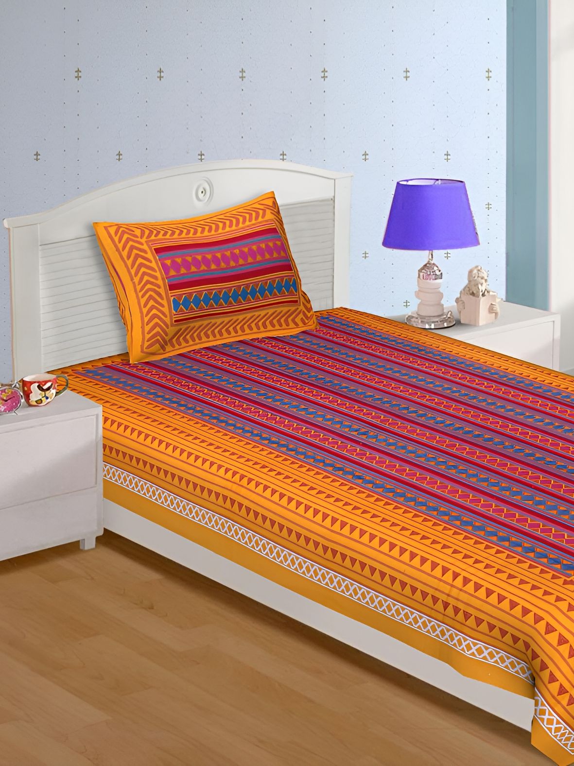 UNIBLISS Yellow & Red Geometric Printed Cotton 144 TC Single Bedsheet With 1 Pillow Cover-image-33