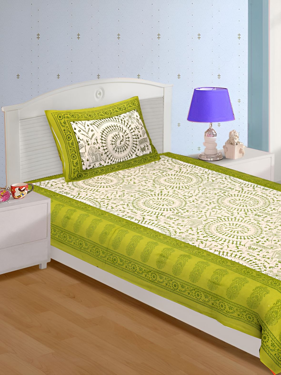 UNIBLISS Green & Cream Coloured Printed Cotton 144 TC Single Bedsheet With 1 Pillow Cover-image-19