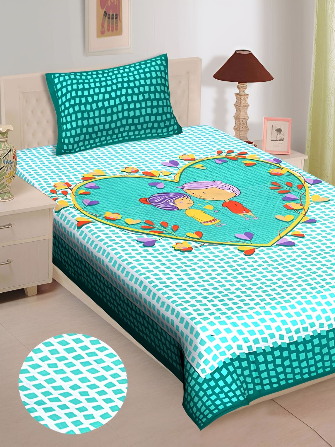 UNIBLISS Green & Yellow Printed Cotton 144 TC Single Bedsheet With 1 Pillow Cover-image-44