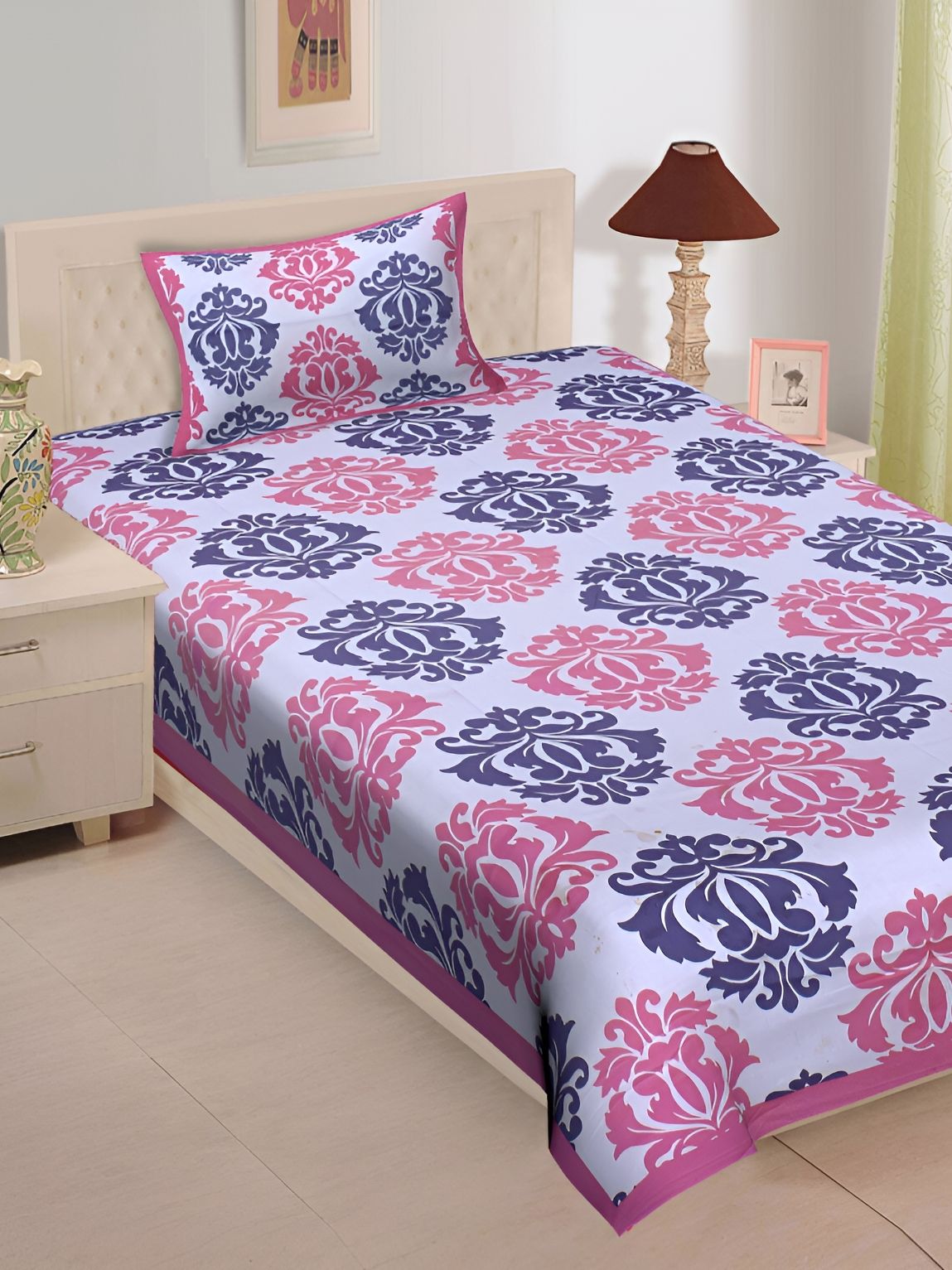 UNIBLISS Pink & White Floral Printed Cotton 144 TC Single Bedsheet With 1 Pillow Cover-picture-10