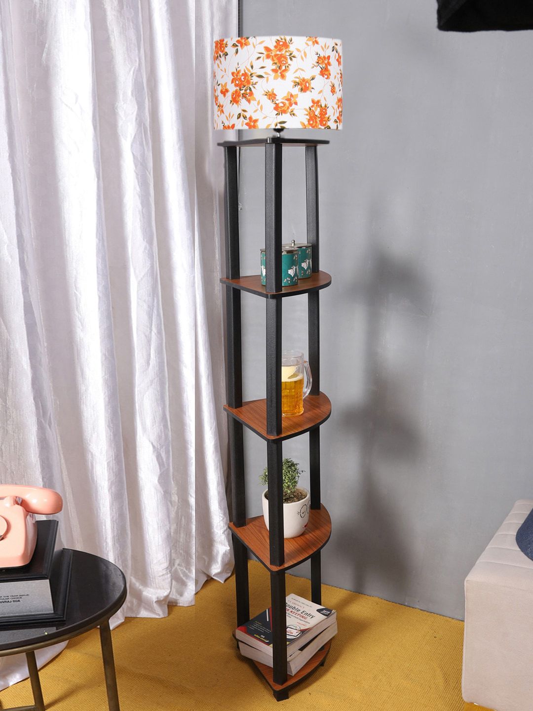 Devansh White & Orange Floral Printed Wooden Spherical Floor Lamp-picture-42