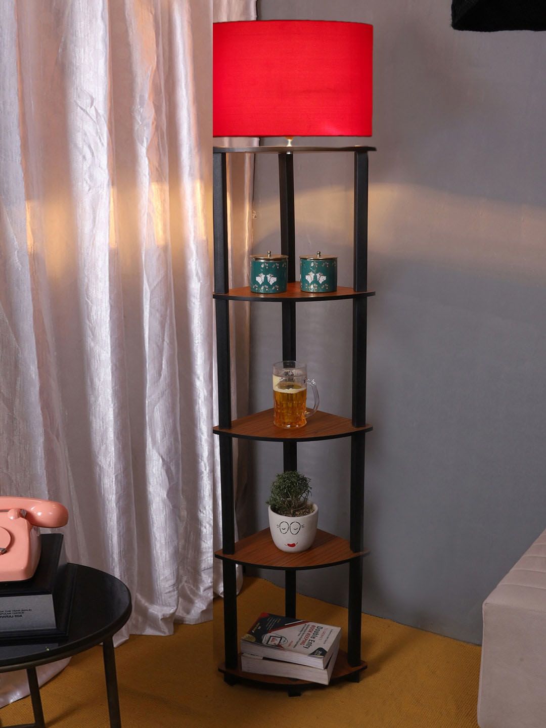 Devansh Red Wooden Cylinder Shaped Shelf Floor Lamp-picture-33