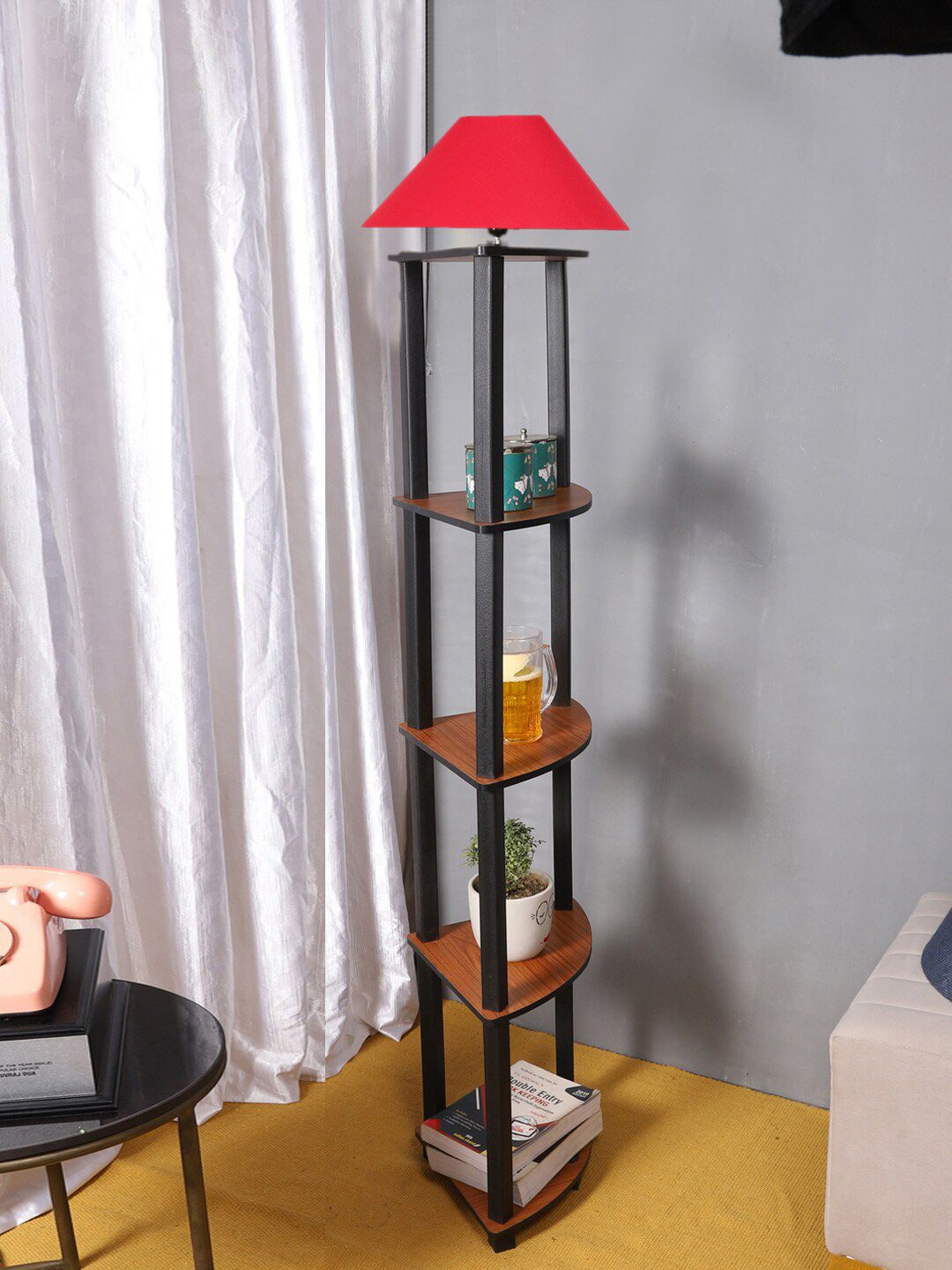 Devansh Red Wooden  Frustum Shaped Shelf Floor Lamp-picture-36