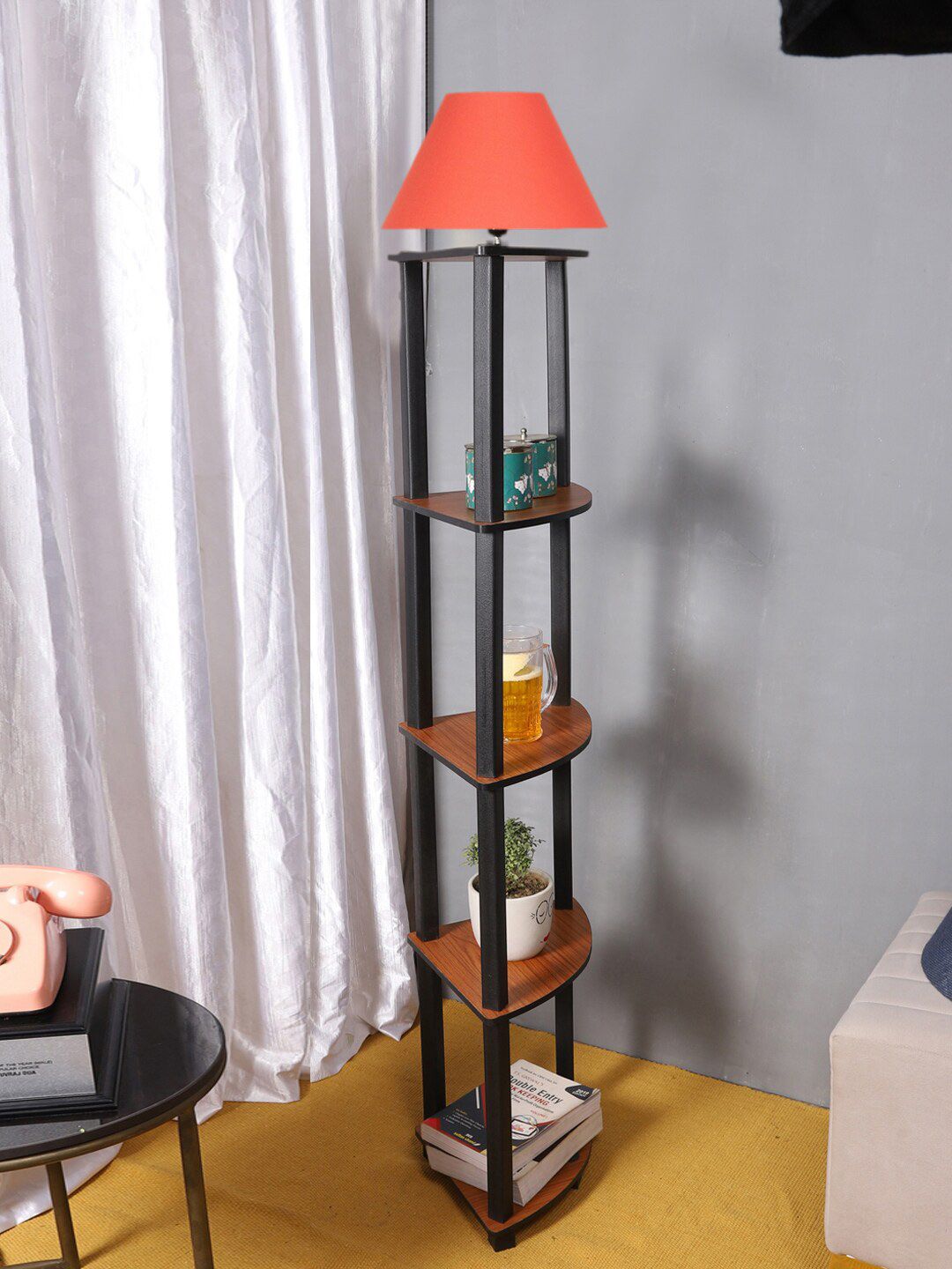 Devansh Orange-Coloured Wooden Frustum Shaped Shelf Floor Lamp-picture-10