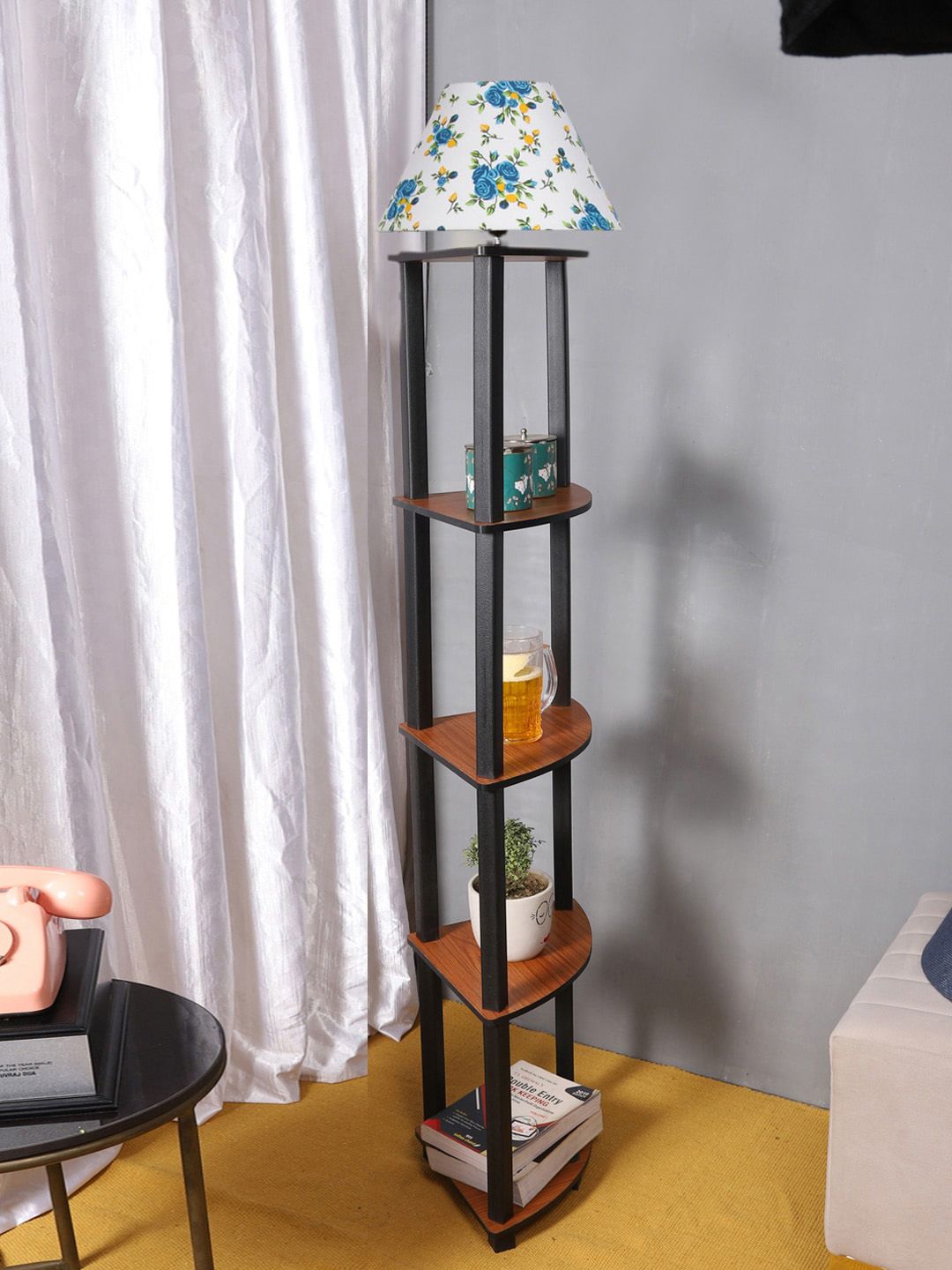 Devansh Conical Blue Cotton Floral Printed Frustum Shaped Shelf Floor Lamp-picture-49