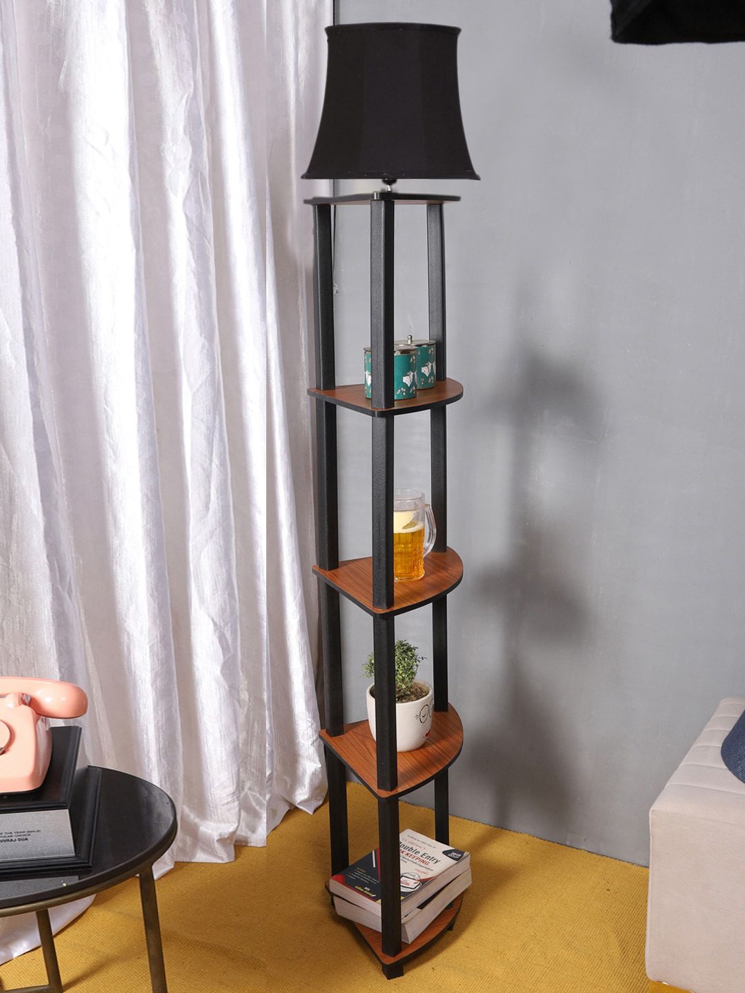 Devansh Black Wooden Frustum Shaped Shelf Floor Lamp-picture-21