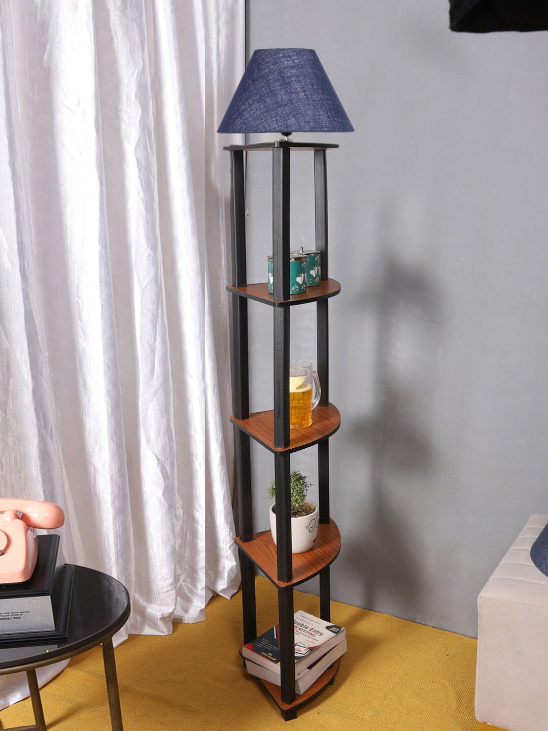 Devansh Conical Blue Jute Shade Frustum Shaped Shelf Floor Lamp-picture-16