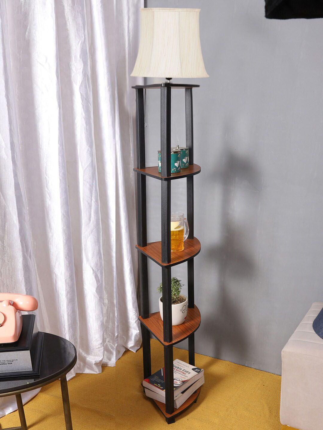 Devansh Off-White Wooden Cylinder Shaped Shelf Floor Lamp-picture-27