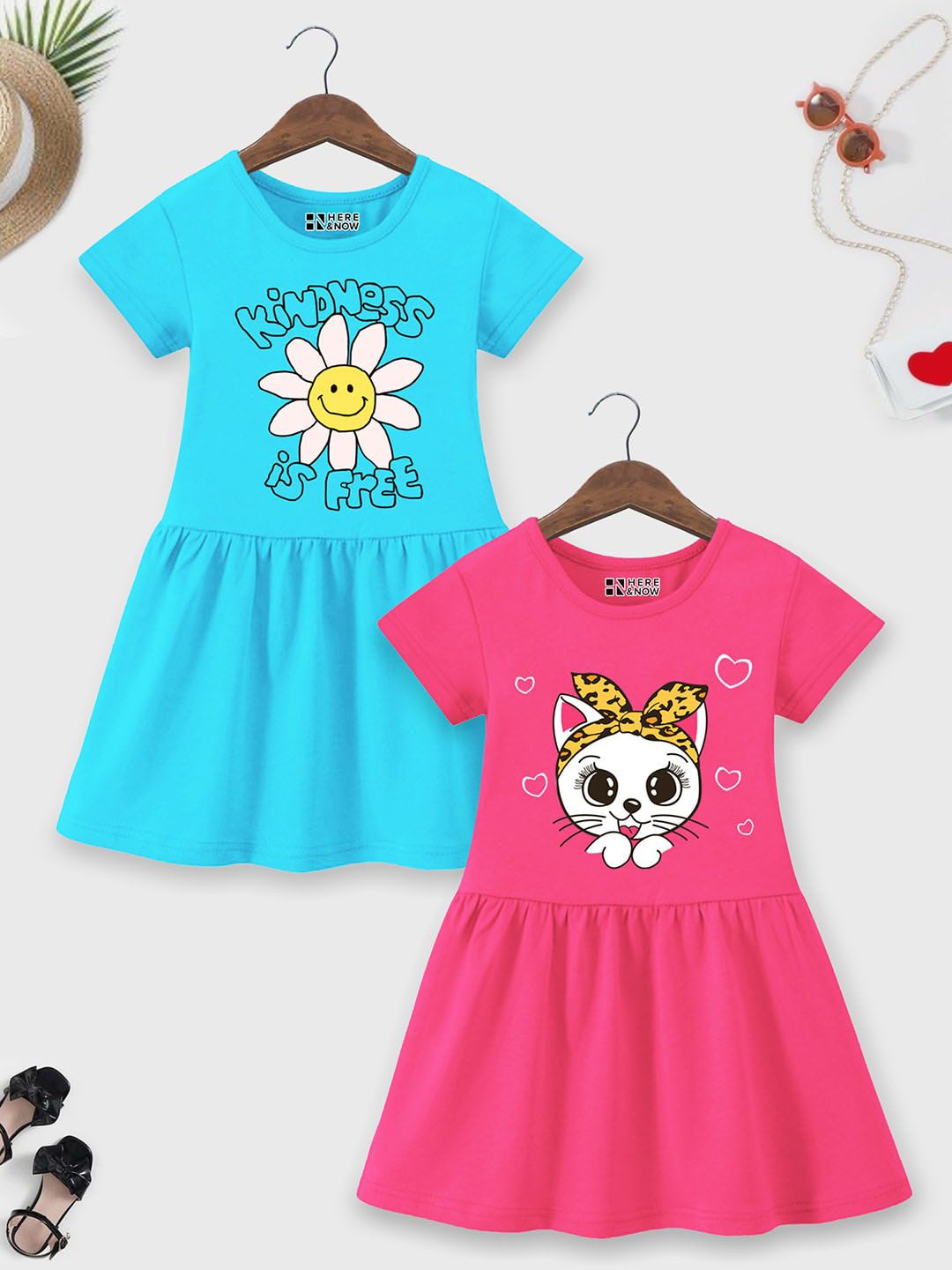 HERE&NOW Girls Pack of 2 Round Neck Print Fit & Flare Dress-picture-48