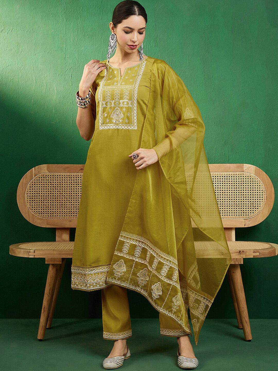 Sangria Embroidered Straight Kurta With Trouser & Dupatta