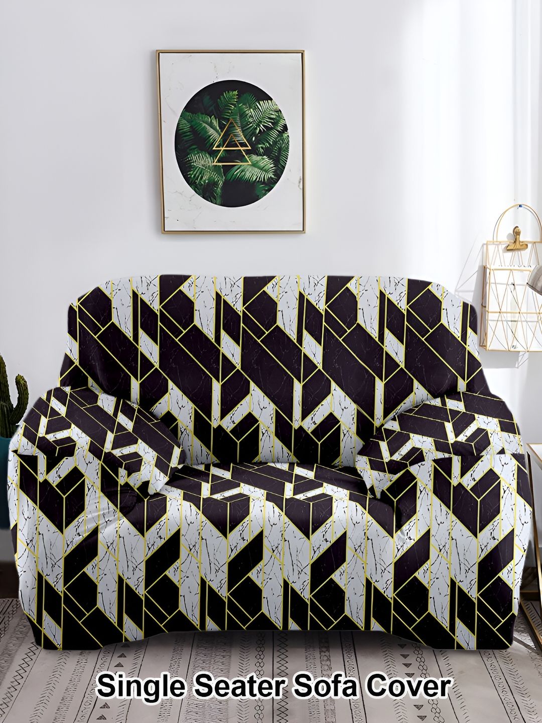 Aura Black & White Printed Polyester 1 Piece Sofa Cover With Arms-picture-47