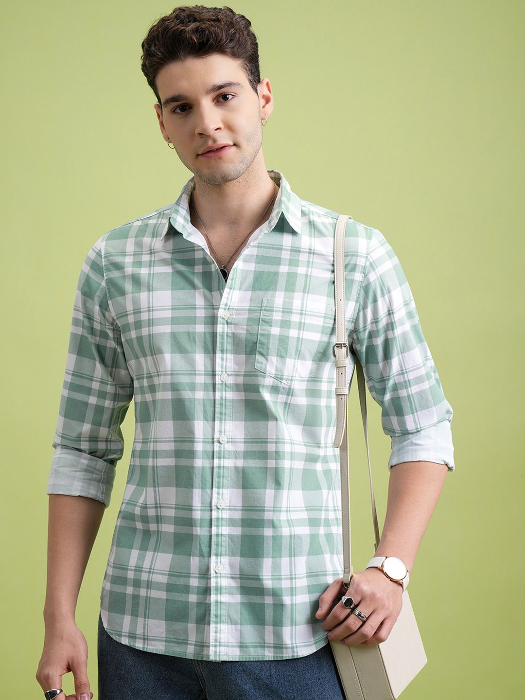 Men's Green Slim Fit Tartan Checks Chambray Collar Cotton Casual Shirt main image 0