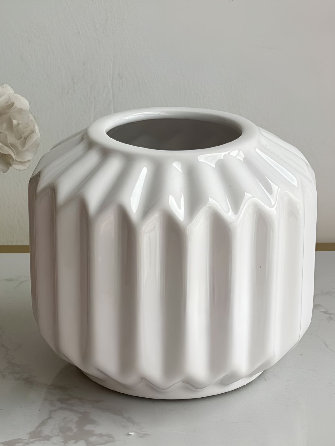 Art Street White Textured Modern Geometric Designed Decorative Ceramic Vase-image-48