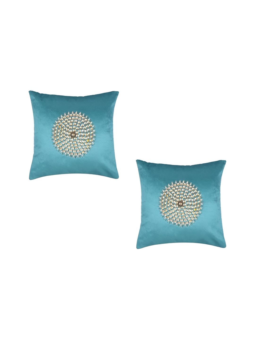 TANLOOMS Sea Green & Beige Set of 2 Embellished Velvet Square Cushion Covers-picture-12