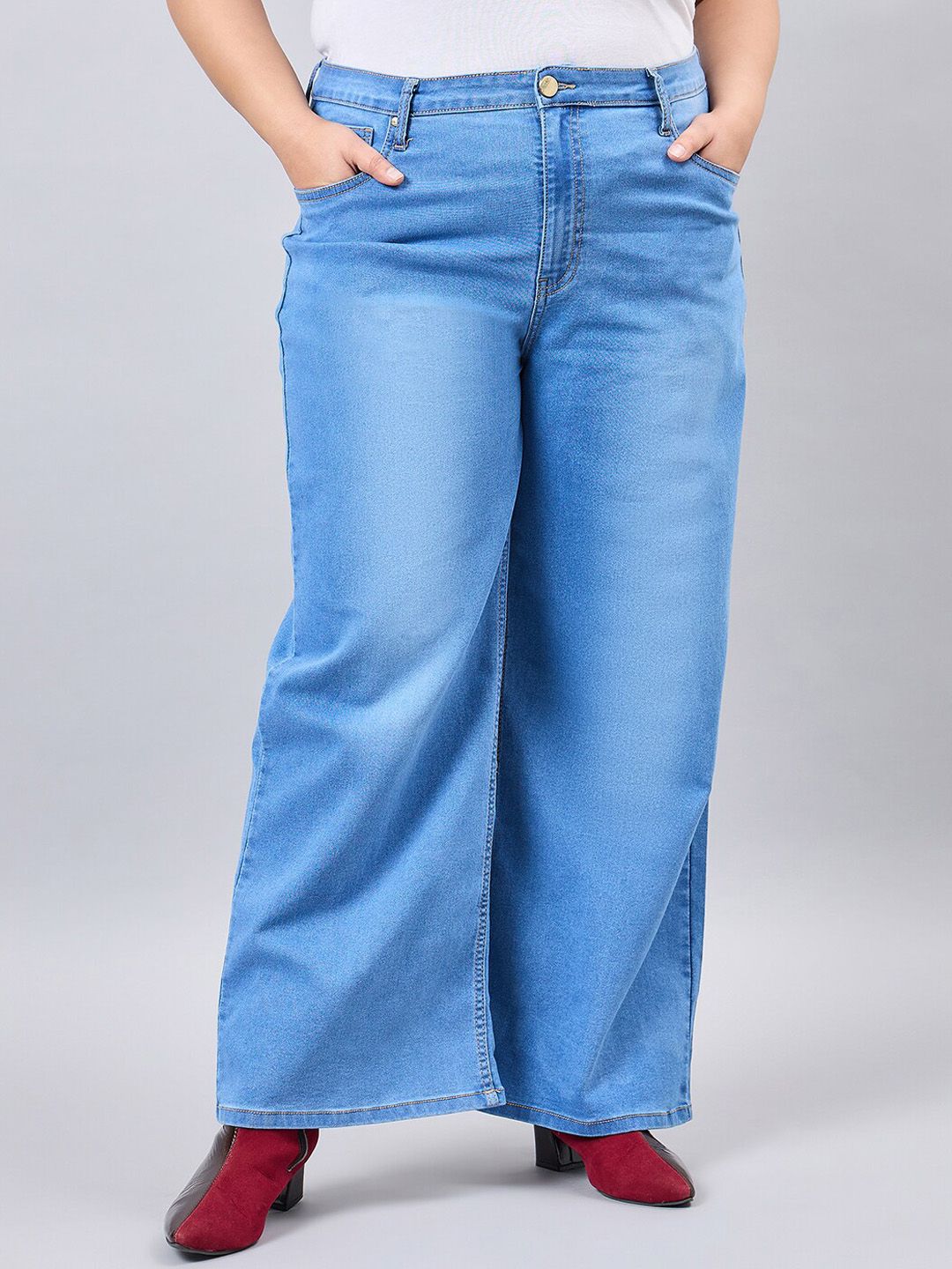 Style Quotient Women Plus Size Mid Blue Wide Leg High Rise Stretchable Jeans-picture-17