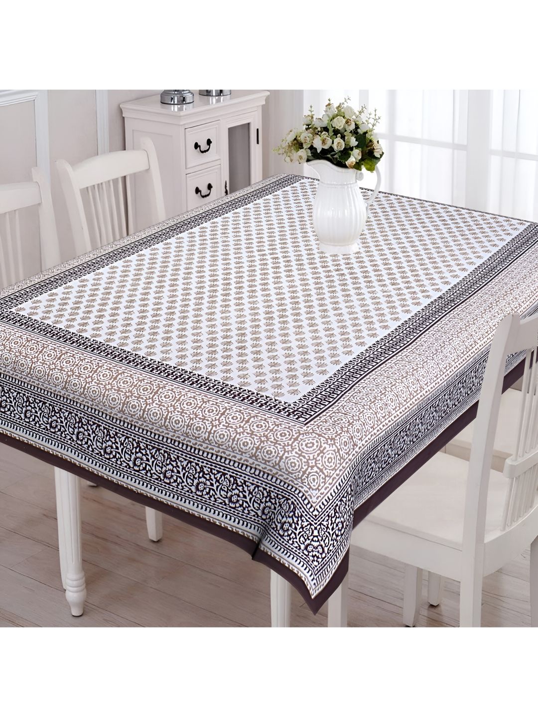 Texstylers Coffee Brown Floral Anti-Slip Cotton 6-Seater Table Cover-picture-36