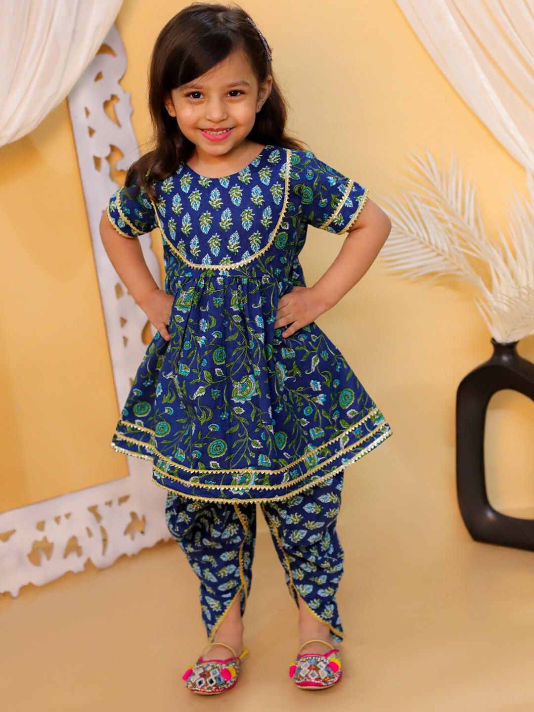 BownBee Girls Floral Printed Pure Cotton Kurta With Dhoti Pants-picture-40
