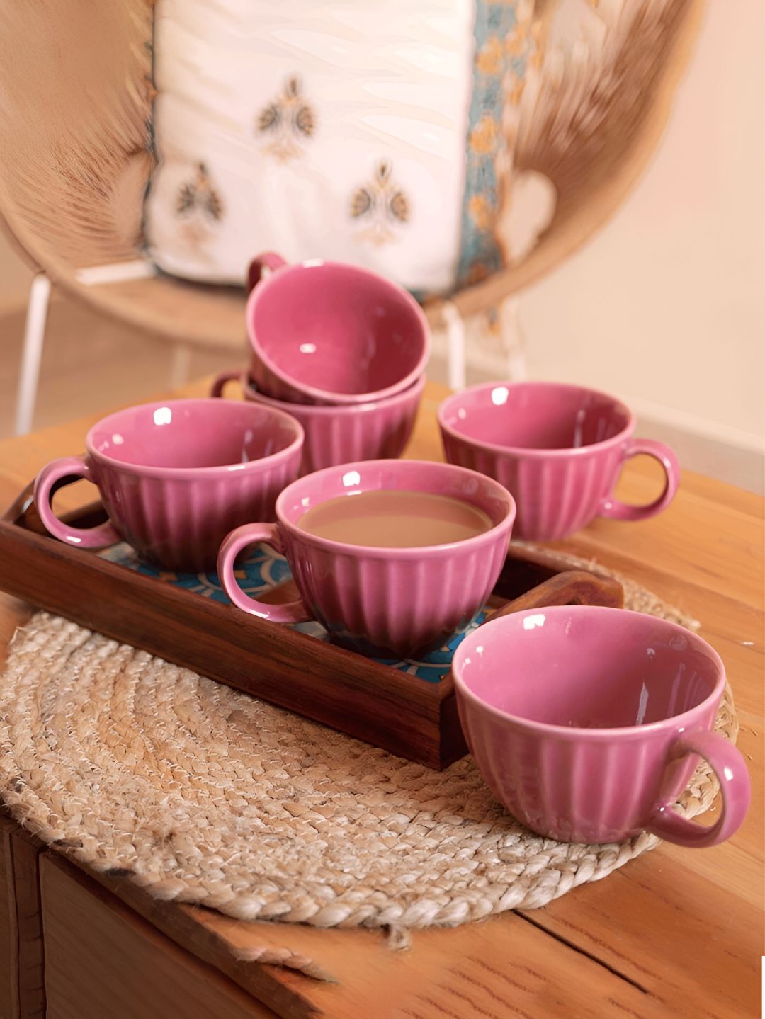 ARAVALII Pink 2 Pcs Textured Ceramic Glossy Cups 250 ml-image-3