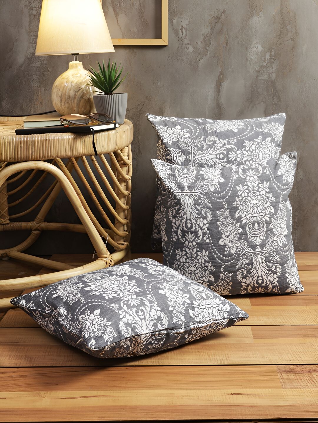 ROMEE Grey & White Set of 3 Floral Square Cushion Covers-picture-15