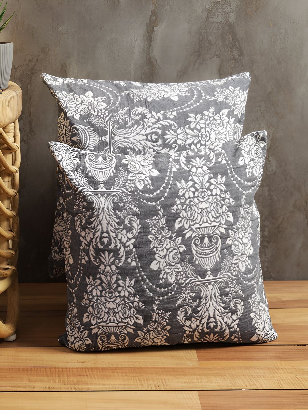 ROMEE Grey & White Set of 2 Ethnic Motifs Square Cushion Covers-picture-14