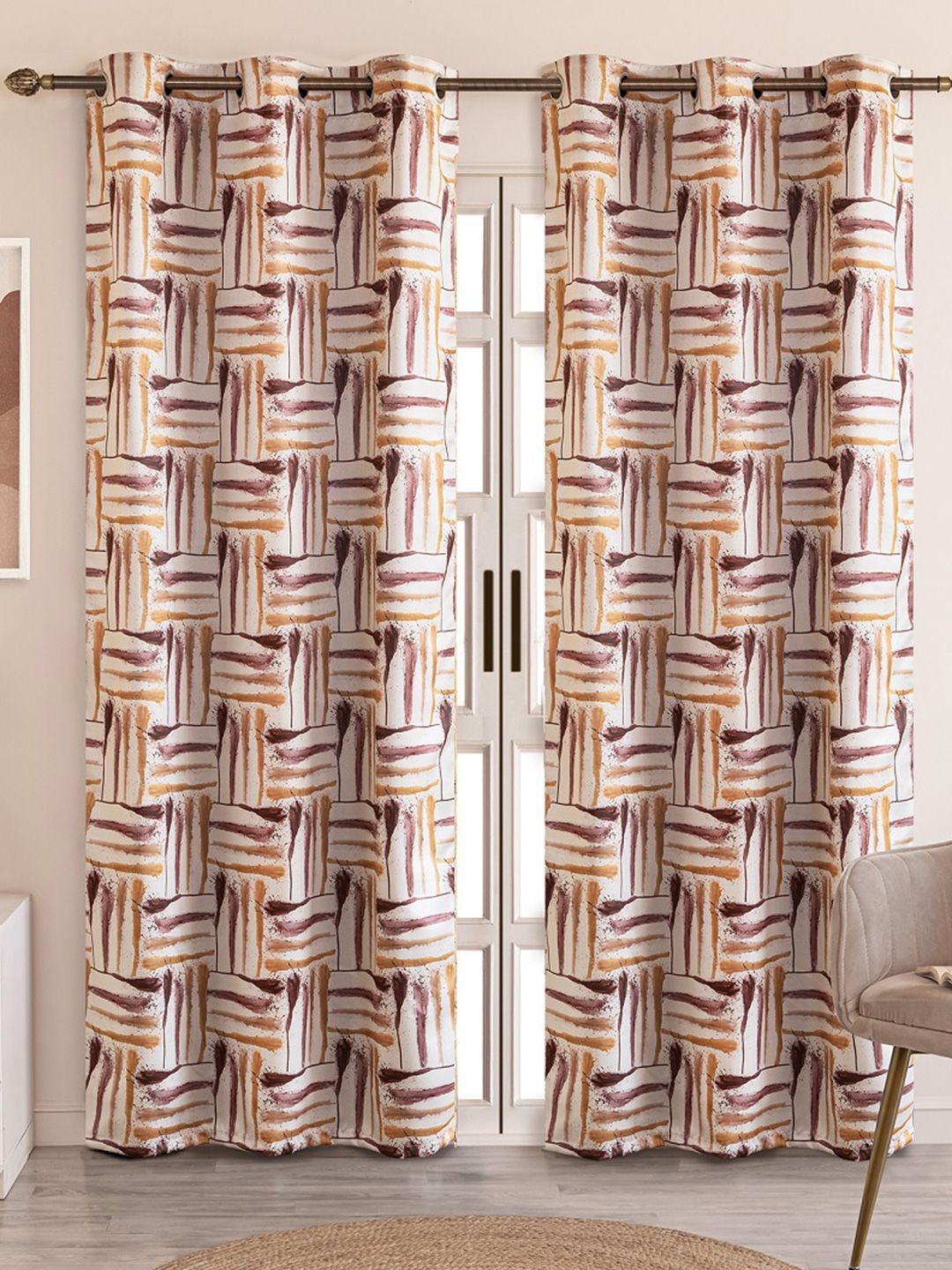 HOMEMONDE Grey & White Set of 2 Striped Black Out Door Curtain-picture-28