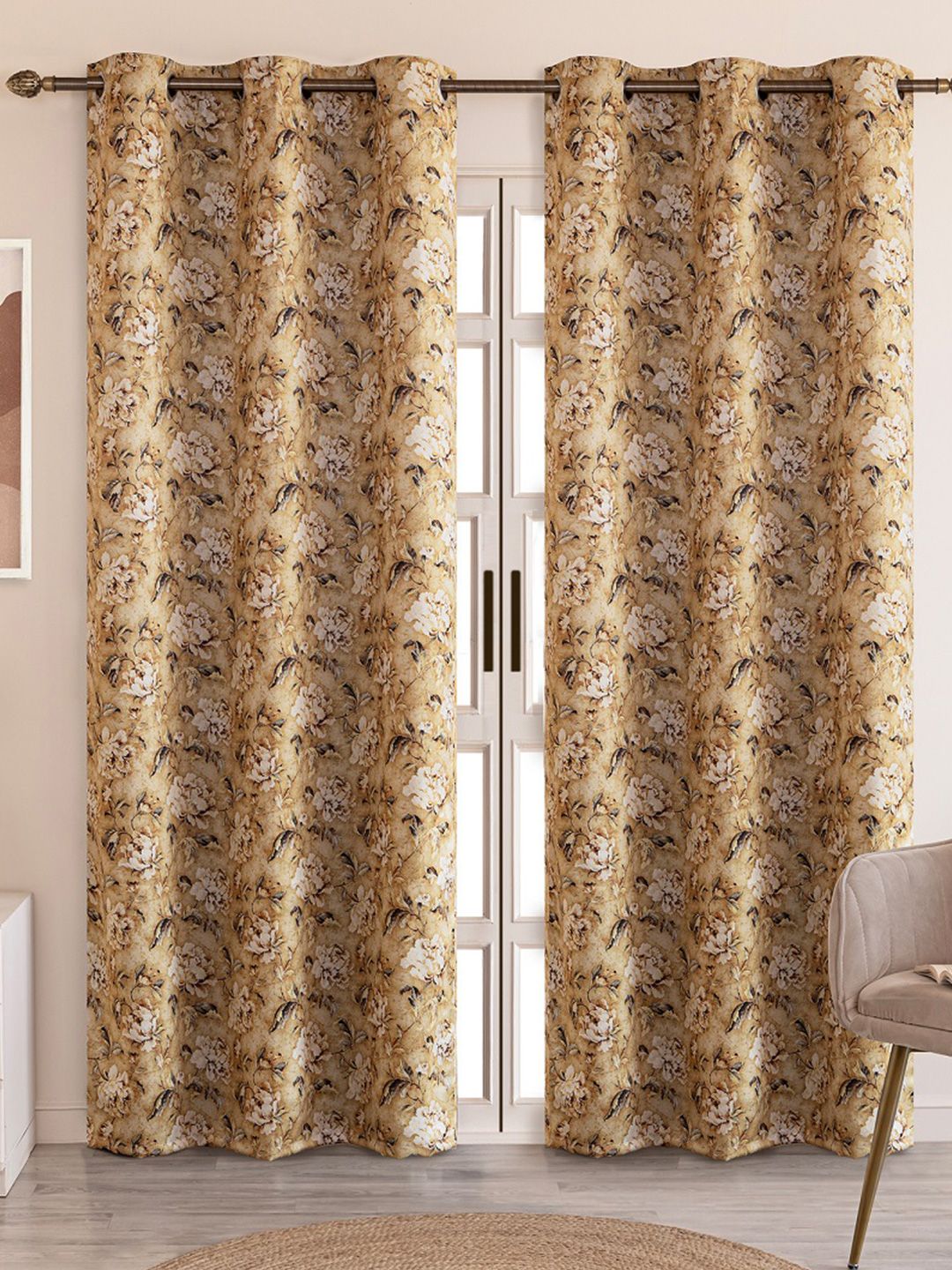 HOMEMONDE Beige & Cream-Coloured Set of 2 Floral Black Out Door Curtain-image-43