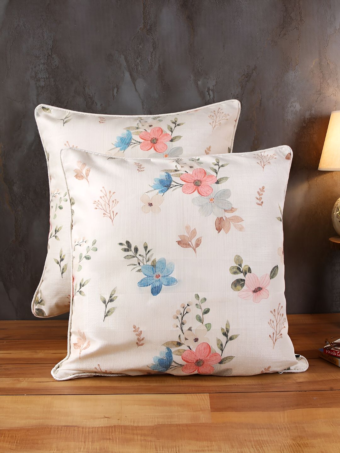 Soumya White & Blue 2 Pieces Floral Textured Cotton Square Cushion Covers-image-8