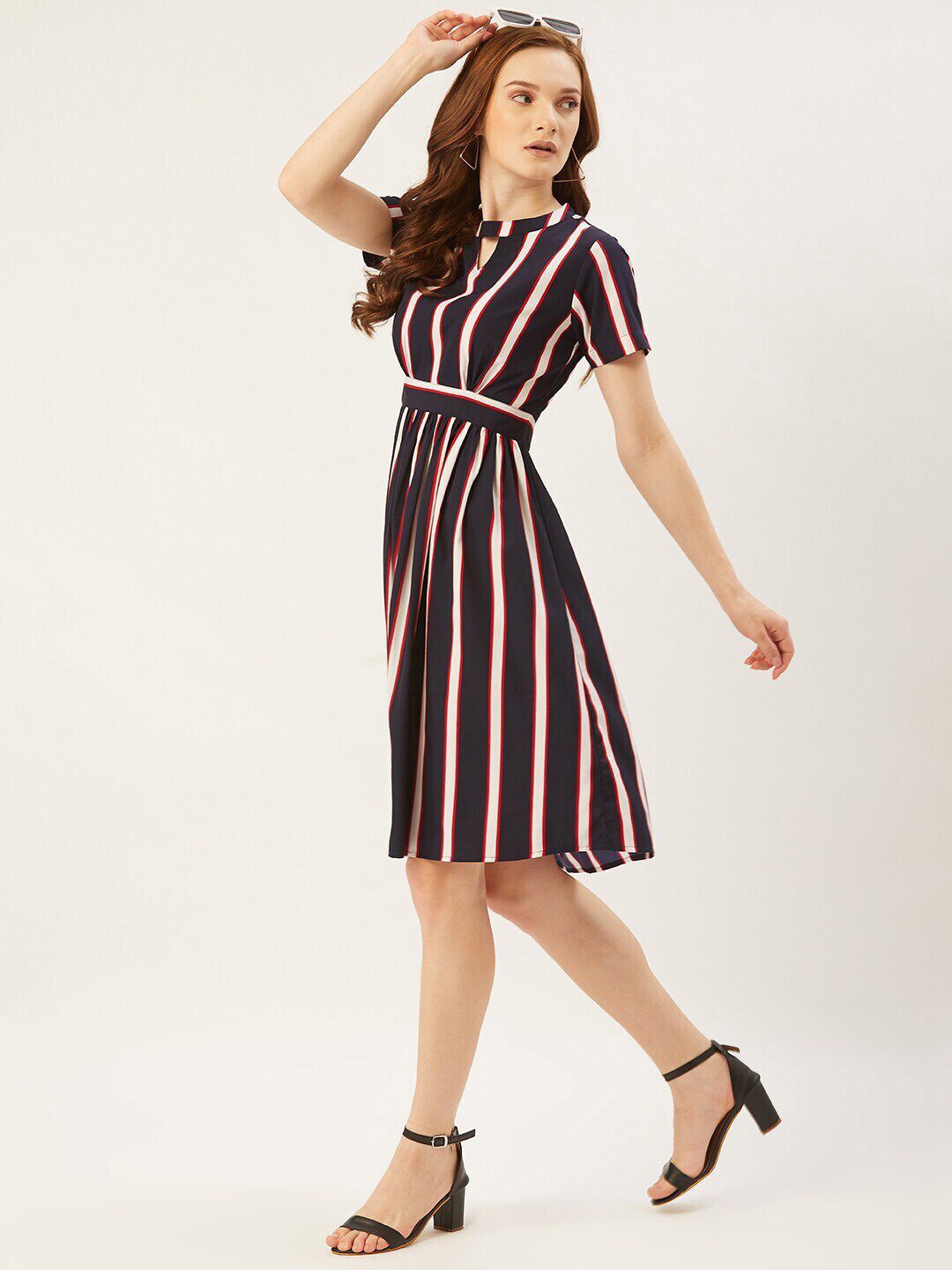 Girls Striped Shoulder Strap Crepe Fit Flare Midi Dress
