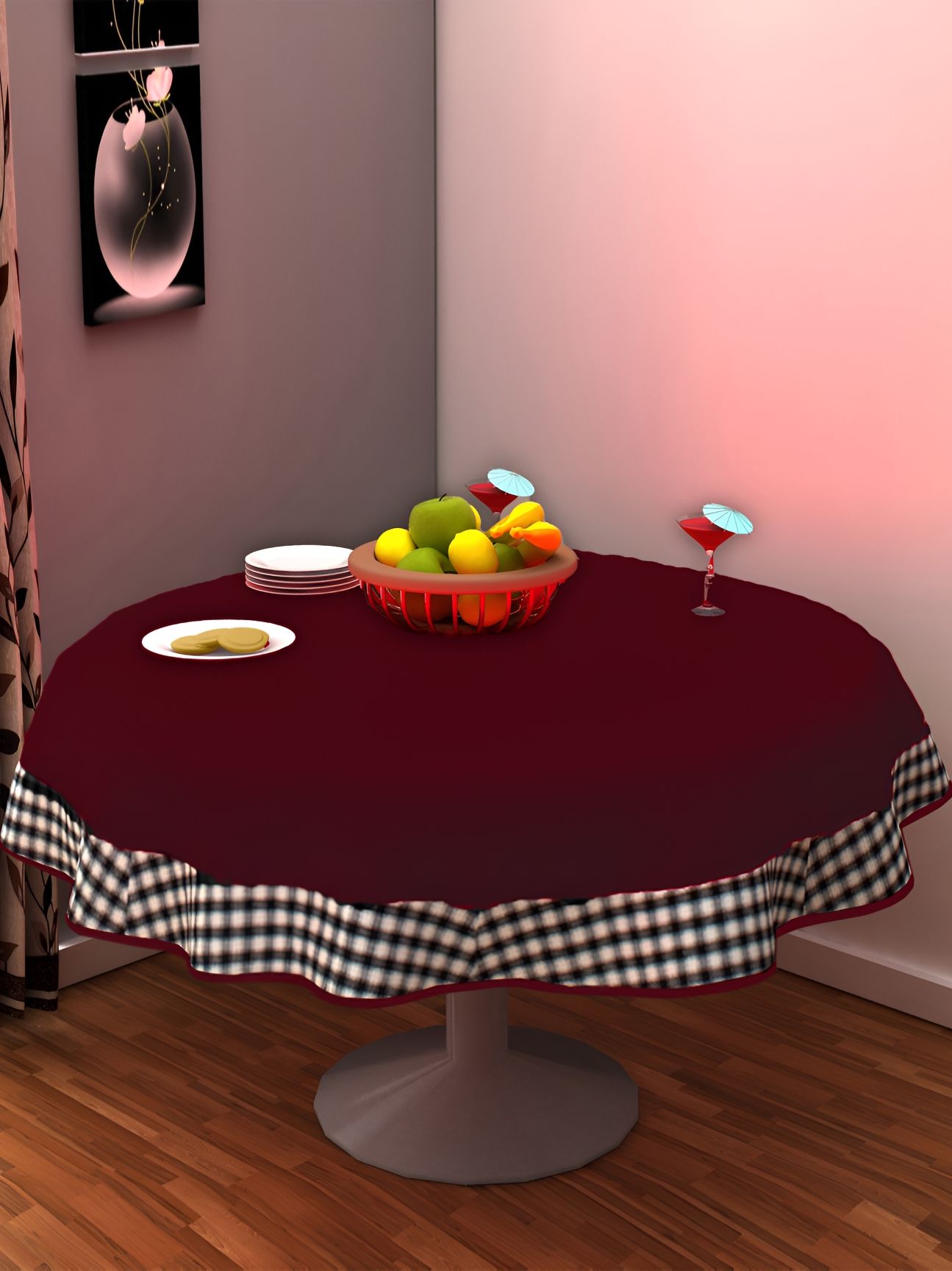 Home Heart Burgundy & White Cotton Patchwork Round Table Cover-picture-23