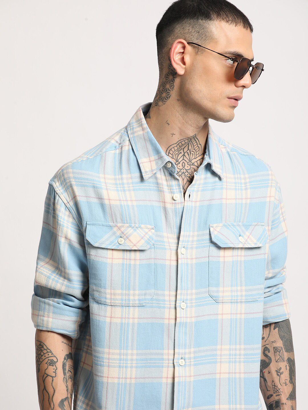 THE BEAR HOUSE Checked Relaxed Fit Spread Collar Twill Cotton Casual ...