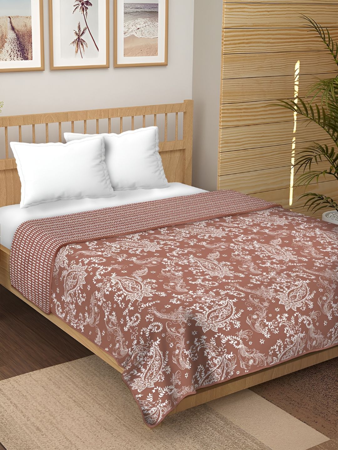 CHICERY Brown & White Floral Pure Cotton AC Room 210 GSM Reversible Single Bed Dohar-image-47