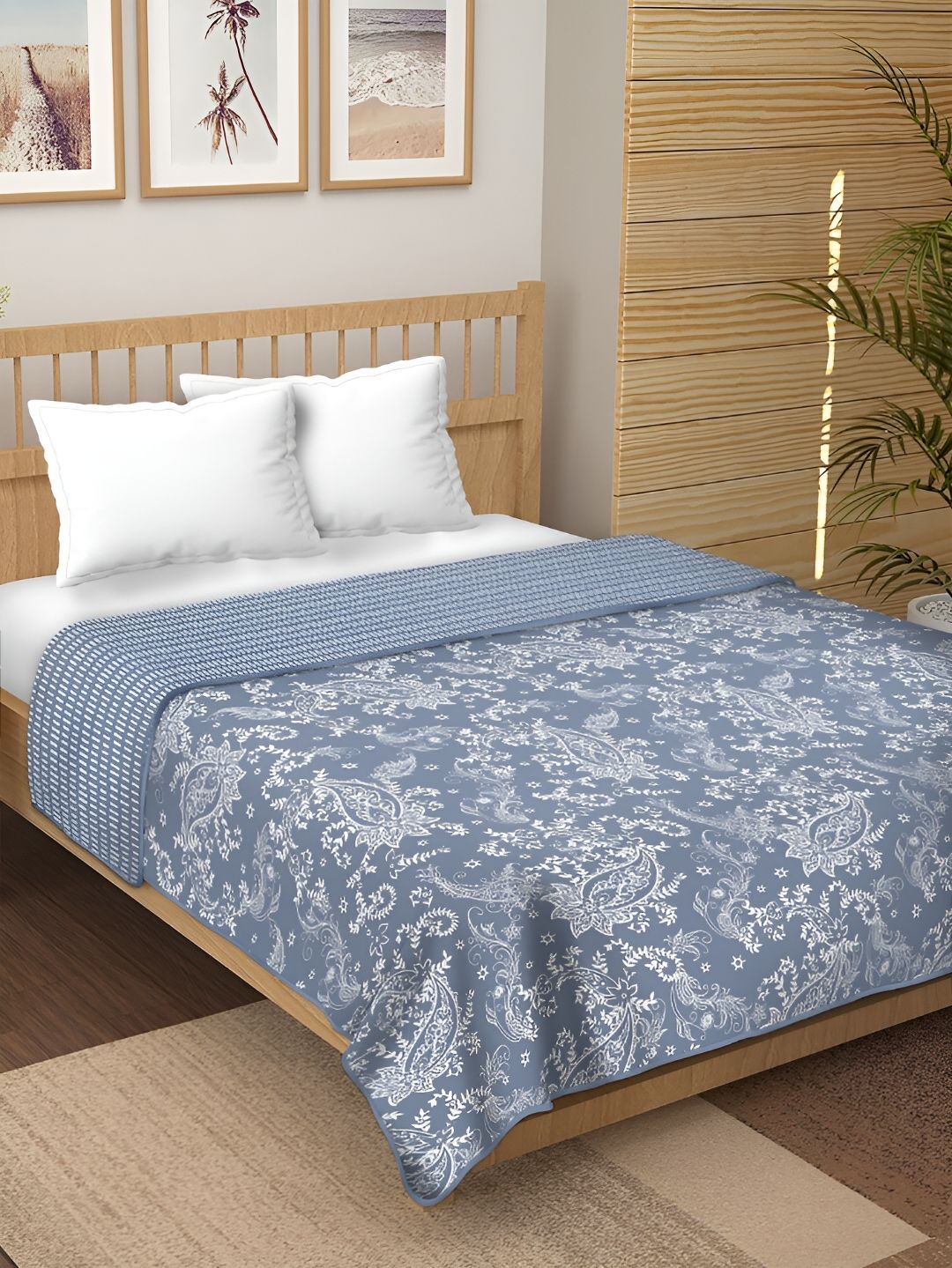 CHICERY Grey & White Floral Pure Cotton AC Room 210 GSM Reversible Double Bed Dohar-image-8